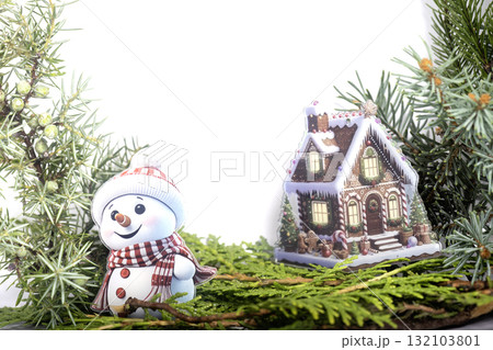 Christmas landscape with gifts and snow. Merry christmas and happy new year . 132103801