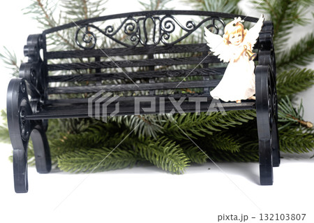 Christmas landscape with gifts and snow. Merry christmas and happy new year . Christmas celebration holiday background 132103807