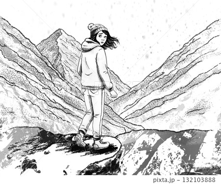 A young woman pauses, turning back in confusion as snow falls A young woman pauses, turning back in confusion as snow falls 132103888