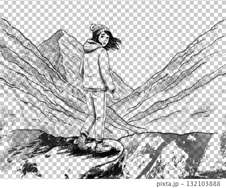 A young woman pauses, turning back in confusion as snow falls A young woman pauses, turning back in confusion as snow falls 132103888