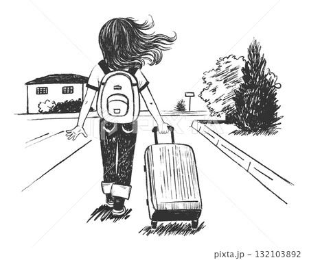ink illustration: a girl with flowing hair carries a suitcase down a provincial street ink illustration: a girl with flowing hair carries a suitcase down a provincial street 132103892