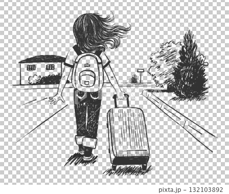 ink illustration: a girl with flowing hair carries a suitcase down a provincial street ink illustration: a girl with flowing hair carries a suitcase down a provincial street 132103892