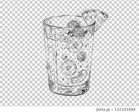 An ink illustration of a glass with a fruity drink, isolated on a transparent background 132103894