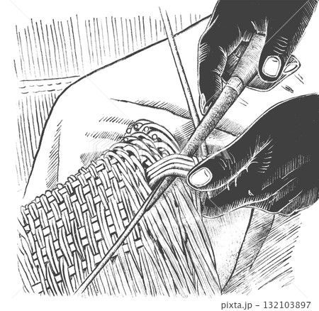 ink illustration of black hands weaving a rattan basket, on a transparent background 132103897