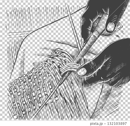 ink illustration of black hands weaving a rattan basket, on a transparent background 132103897