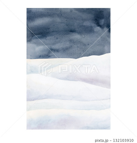 Winter landscape with white snowfield and night dark sky. North sea arctic minimalistic background. Watercolor hand drawn illustration panoramic design Christmas card postcard template holiday poster 132103910