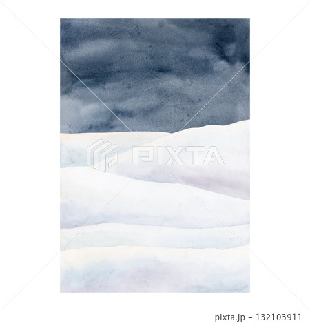 Winter landscape with white snowfield and night dark sky. North sea arctic minimalistic background. Watercolor hand drawn illustration panoramic design Christmas card postcard template holiday poster 132103911