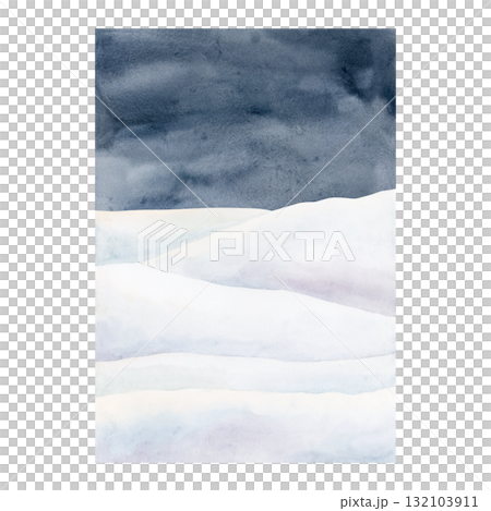 Winter landscape with white snowfield and night dark sky. North sea arctic minimalistic background. Watercolor hand drawn illustration panoramic design Christmas card postcard template holiday poster 132103911