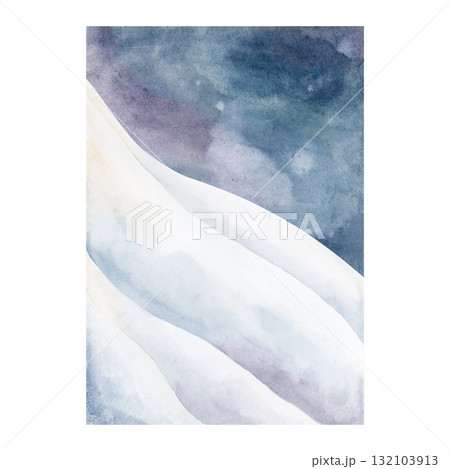 Winter landscape white snow mountain slope night dark sky. North sea arctic minimalistic background. Watercolor hand drawn illustration panoramic design Christmas card postcard template holiday poster 132103913