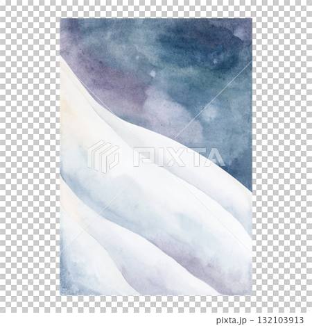 Winter landscape white snow mountain slope night dark sky. North sea arctic minimalistic background. Watercolor hand drawn illustration panoramic design Christmas card postcard template holiday poster 132103913