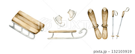 Wooden sleigh, skis with poles, ice skates. Watercolor hand drawn illustration isolated on white background for winter fun sport design Christmas card baby textile nursery sticker kids holiday print 132103919
