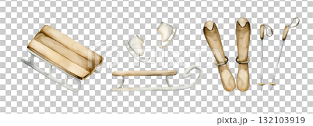 Wooden sleigh, skis with poles, ice skates. Watercolor hand drawn illustration isolated on white background for winter fun sport design Christmas card baby textile nursery sticker kids holiday print 132103919