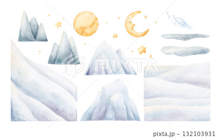 Glacier Ice Snow Mountain Slope Snowfield Crescent Moon Stars. North Sea Arctic landscape elements Set Watercolor hand drawn illustration isolated on white background winter design Christmas holiday 132103931