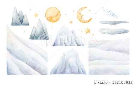 Glacier Ice Snow Mountain Slope Snowfield Crescent Moon Stars. North Sea Arctic landscape elements Set Watercolor hand drawn illustration isolated on white background winter design Christmas holiday Glacier Ice Snow Mountain Slope Snowfield Crescent Moon Stars. North Sea Arctic landscape elements Set Watercolor hand drawn illustration isolated on white background winter design Christmas holiday 132103932
