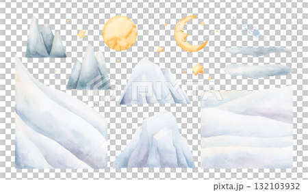 Glacier Ice Snow Mountain Slope Snowfield Crescent Moon Stars. North Sea Arctic landscape elements Set Watercolor hand drawn illustration isolated on white background winter design Christmas holiday Glacier Ice Snow Mountain Slope Snowfield Crescent Moon Stars. North Sea Arctic landscape elements Set Watercolor hand drawn illustration isolated on white background winter design Christmas holiday 132103932