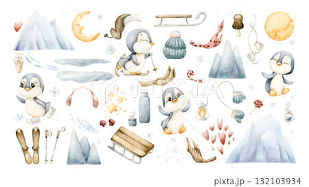 Cute Penguins Winter Sport and Landscape elements Set. Watercolor hand drawn illustration isolated on white background for cozy winter design Christmas or Valentine card kids textile holiday print Cute Penguins Winter Sport and Landscape elements Set. Watercolor hand drawn illustration isolated on white background for cozy winter design Christmas or Valentine card kids textile holiday print 132103934
