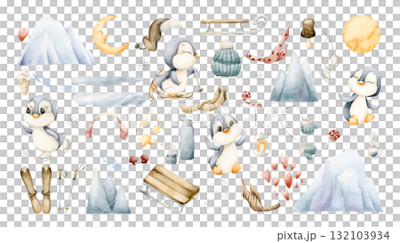 Cute Penguins Winter Sport and Landscape elements Set. Watercolor hand drawn illustration isolated on white background for cozy winter design Christmas or Valentine card kids textile holiday print Cute Penguins Winter Sport and Landscape elements Set. Watercolor hand drawn illustration isolated on white background for cozy winter design Christmas or Valentine card kids textile holiday print 132103934