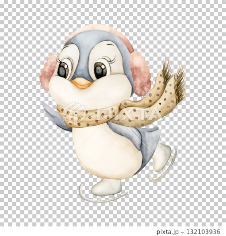 Cute Penguin skating with Scarf Earmuffs. Watercolor hand drawn illustration isolated on white background for winter design Christmas or Valentine card baby textile nursery sticker kids holiday print 132103936