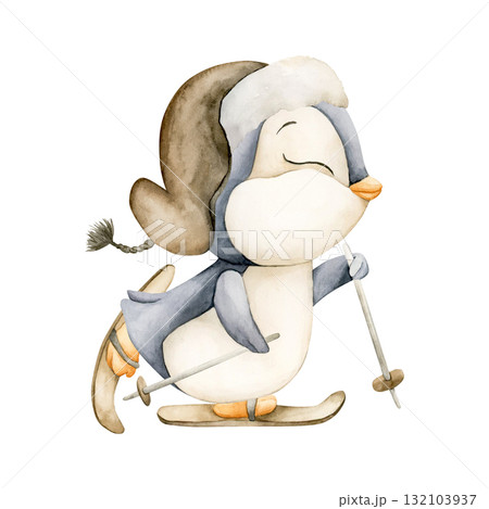 Cute Penguin skiing with fur hat. Arctic North animal. Watercolor hand drawn illustration isolated on white background for winter design Christmas card baby textile nursery sticker kids holiday print Cute Penguin skiing with fur hat. Arctic North animal. Watercolor hand drawn illustration isolated on white background for winter design Christmas card baby textile nursery sticker kids holiday print 132103937