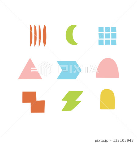 Collection of colorful geometric abstract shapes in soft pastel tones with playful, modern forms. Vector. 132103945