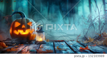 Halloween Horror pumpkin on a wooden table background, Happy Halloween - Ai Generated 132103989