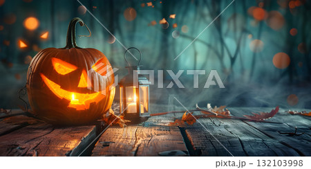 Halloween Horror pumpkin on a wooden table background, Happy Halloween - Ai Generated Halloween Horror pumpkin on a wooden table background, Happy Halloween - Ai Generated 132103998