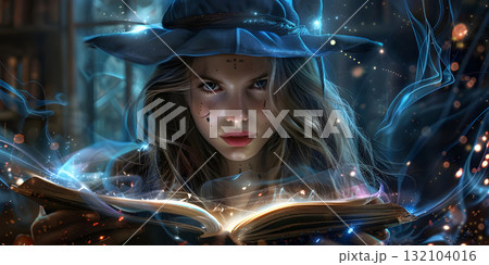 Halloween Witch girl with magic Book background, Happy Halloween - Ai Generated 132104016