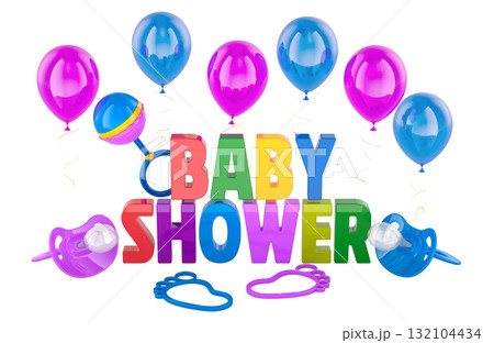 Baby Shower colorful 3d letters with balloons and baby items. 3D rendering 132104434