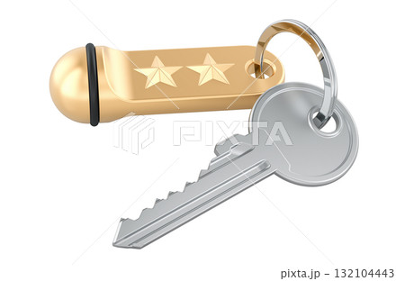 Key with gold two-star hotel key tag. 3D rendering 132104443