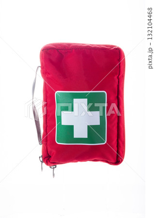 Red medical kit. Compact mobile first aid kit. 132104468