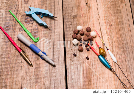 Fishing floats. Boilies and pellets for bait. Fishing on pellets. Fishing floats. Boilies and pellets for bait. Fishing on pellets. 132104469