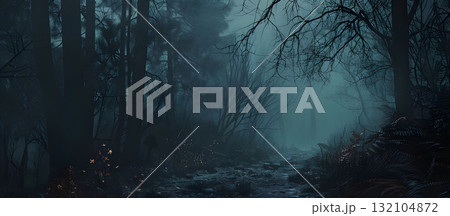 Spooky foggy forest background, Happy Halloween - Ai Generated 132104872