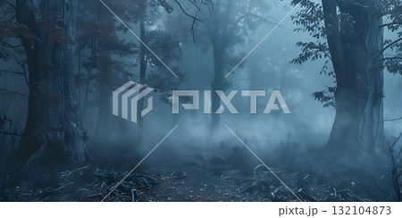 Spooky foggy forest background, Happy Halloween - Ai Generated 132104873