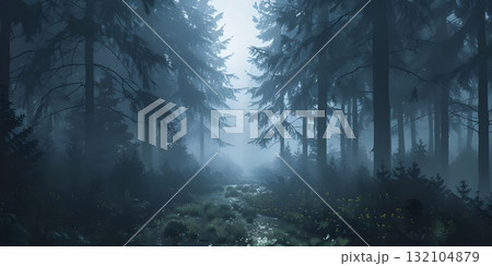 Spooky foggy forest background, Happy Halloween - Ai Generated 132104879