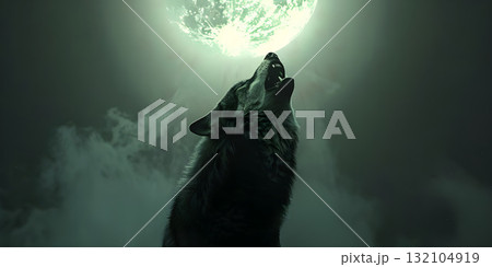 Wolf howling in front of moon background, Happy Halloween - Ai Generated 132104919