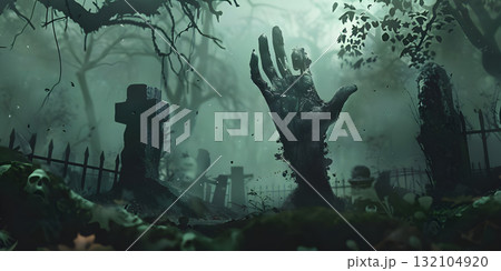 Zombie hand in Graveyard background, Happy Halloween - Ai Generated Zombie hand in Graveyard background, Happy Halloween - Ai Generated 132104920