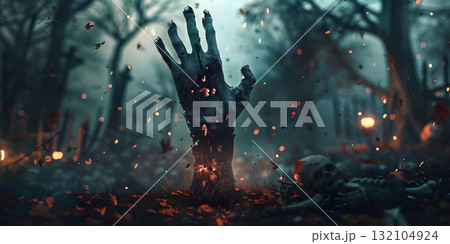 Zombie hand in Graveyard background, Happy Halloween - Ai Generated 132104924