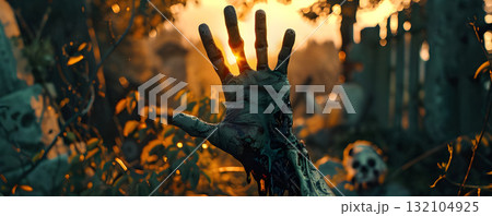 Zombie hand in Graveyard background, Happy Halloween - Ai Generated 132104925