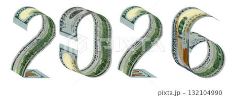 Inscription 2026 made of one hundred dollar banknotes 3D rendering 132104990