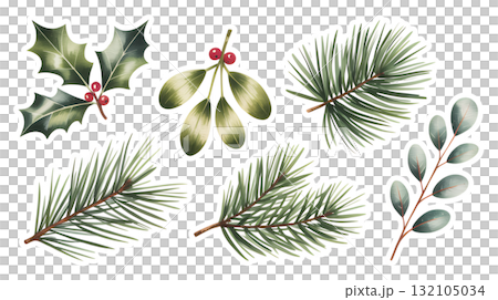 手繪聖誕綠色和冬青貼紙包 132105034