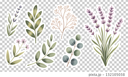 手繪薰衣草與植物綠色套裝 132105038