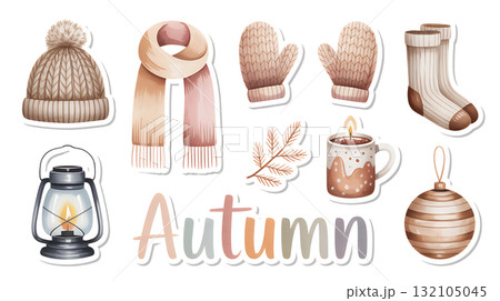 秋のぬくもりアイテムセットのイラスト 132105045