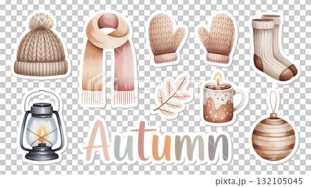秋のぬくもりアイテムセットのイラスト 132105045