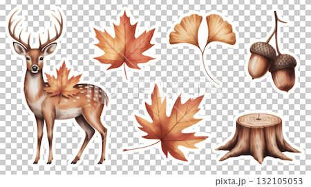 鹿、秋葉和森林物品 132105053