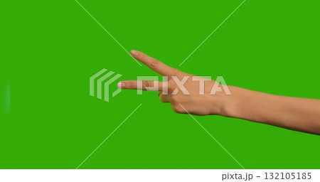 Gestures female Hand, the symbol of peace on a Green Background Gestures female Hand, the symbol of peace on a Green Background 132105185