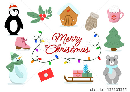 Christmas Elements Vector Illustration with penguin, snowman, bear, gifts, and festive decorations. Holiday winter clipart set Christmas Elements Vector Illustration with penguin, snowman, bear, gifts, and festive decorations. Holiday winter clipart set 132105355