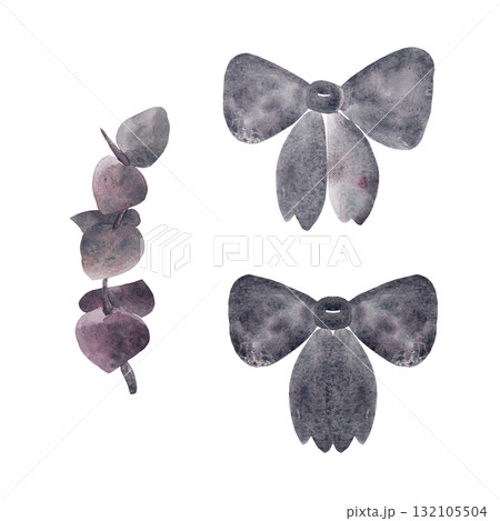 Eucalyptus branch and girl's bow. Gray-pink tones. Watercolor illustrations for your design Eucalyptus branch and girl's bow. Gray-pink tones. Watercolor illustrations for your design 132105504