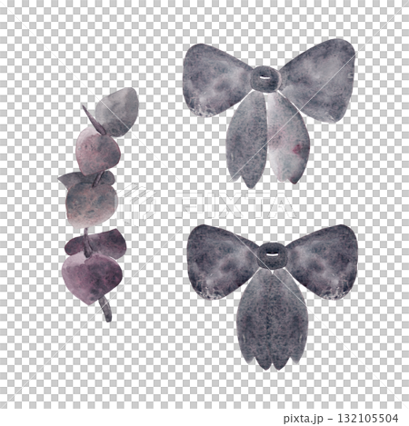 Eucalyptus branch and girl's bow. Gray-pink tones. Watercolor illustrations for your design Eucalyptus branch and girl's bow. Gray-pink tones. Watercolor illustrations for your design 132105504