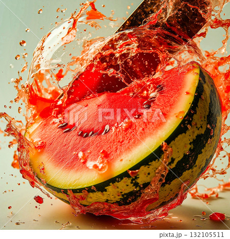 Dynamic splash - a watermelon cut with a knife in splashes of juice. Watermelon is sliced with a knife, producing vibrant, dynamic splashes of juice.  Dynamic splash - a watermelon cut with a knife in splashes of juice. Watermelon is sliced with a knife, producing vibrant, dynamic splashes of juice.  132105511