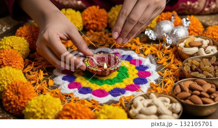 Celebrating diwali with traditional rangoli design and diyas surrounded by festive sweets and nuts 132105701